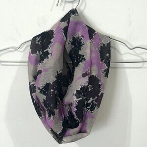 Purple Gray Black Floral Infinity Scarf Sheer Chiffon Style Handmade 58” Loop